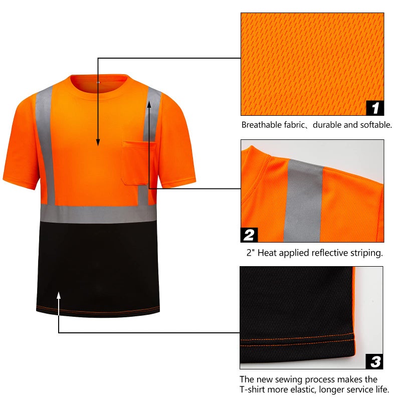 DPSAFETY High Visibility Shirts Quick Dry Safety T Shirts with Reflective Strips and Pocket Short Sleeve Mesh Hi Vis Construction Work Class 2 Shirt for Men/Women Black Bottom Orange,4XL - Image 2